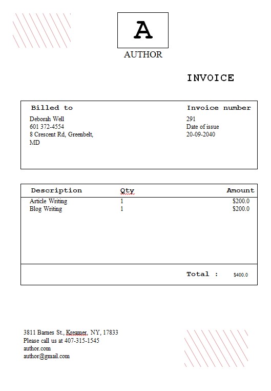 Free Author Invoice Template PSD template
